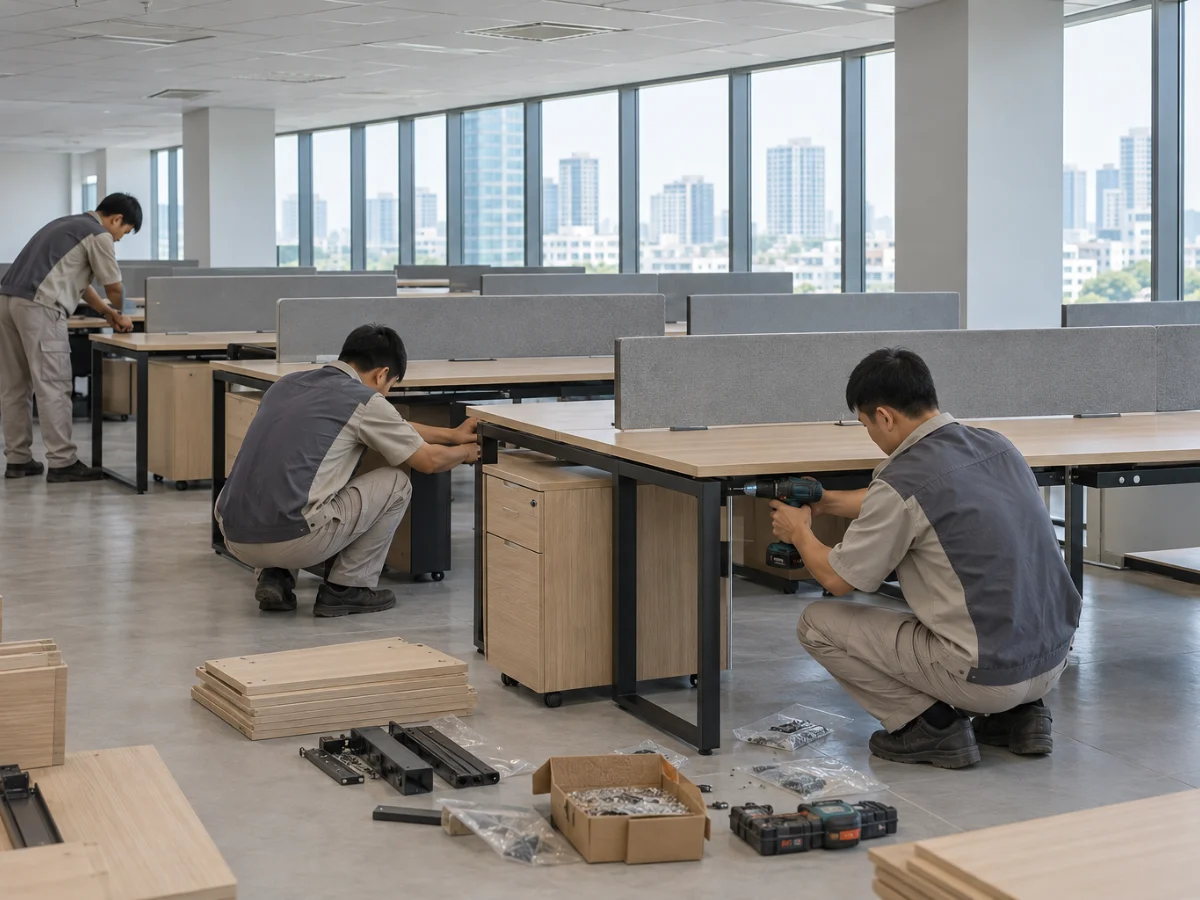 Đội thi công lắp bàn làm việc